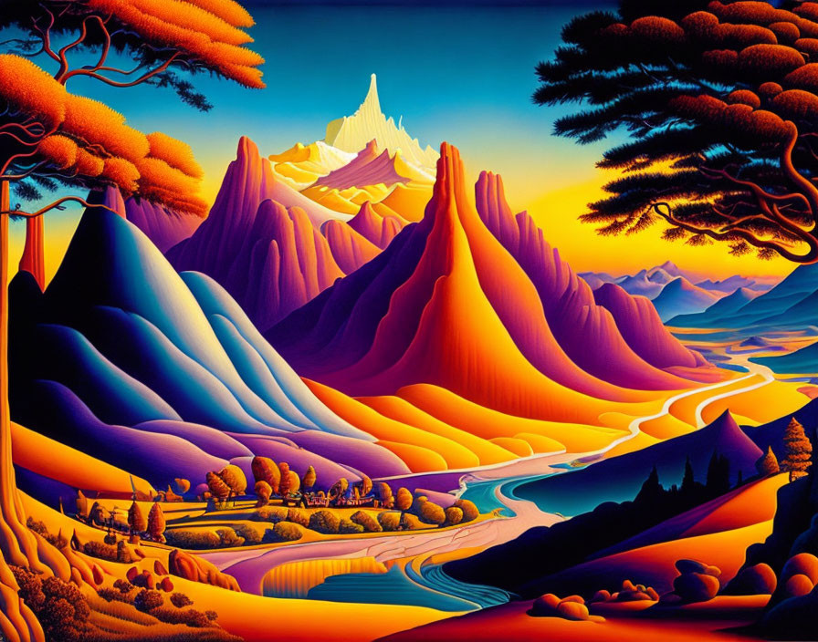 Colorful landscape painting: river, hills, mountains, snowy peak, autumn trees