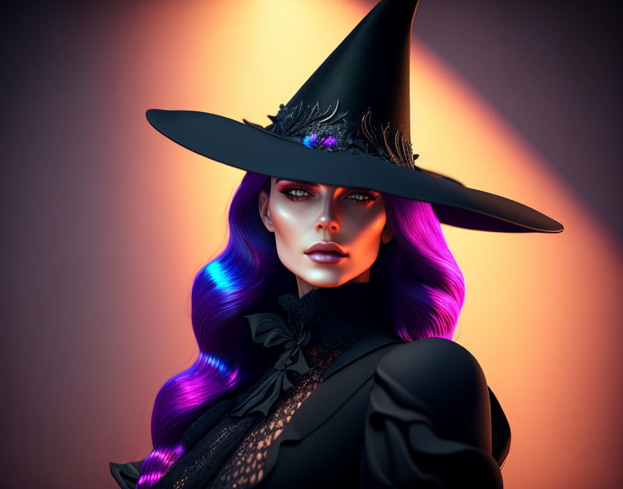 Stylized witch with violet skin and blue hair on orange background