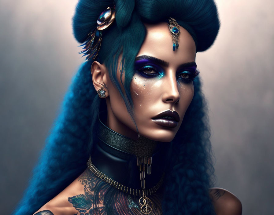 Vibrant blue-haired woman with bold makeup and tattoos on muted background