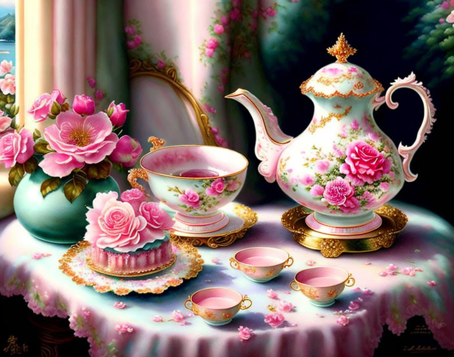 Elegant floral-patterned tea set with teapot, cup, saucers, and dessert on