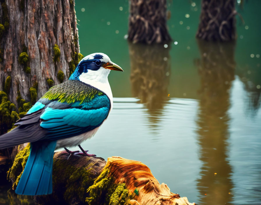 Blue and white bird on mossy branch near tranquil water and trees