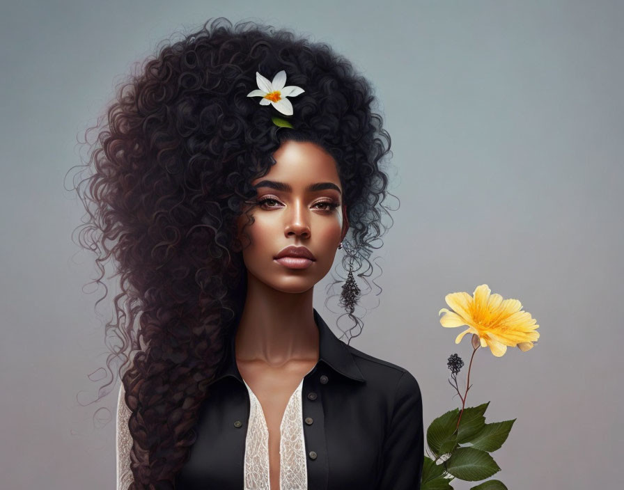 Digital artwork: Woman with curly hair and white flower, black lace shirt, yellow flower