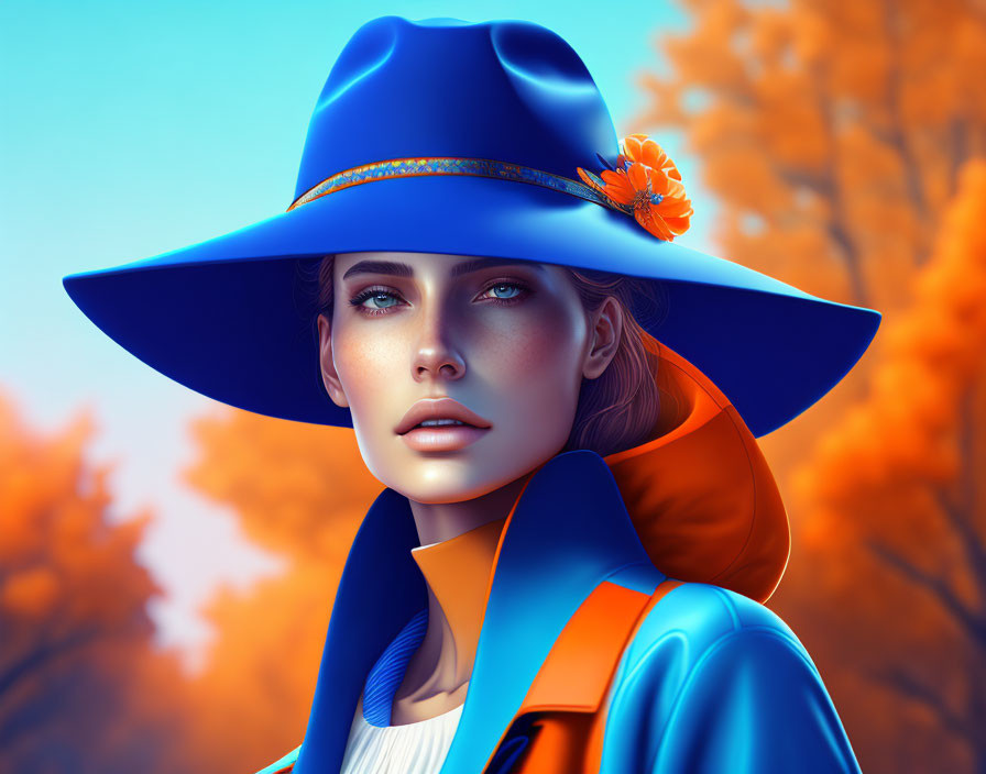 Woman with Blue Eyes in Blue Hat and Orange Scarf by Autumnal Tree