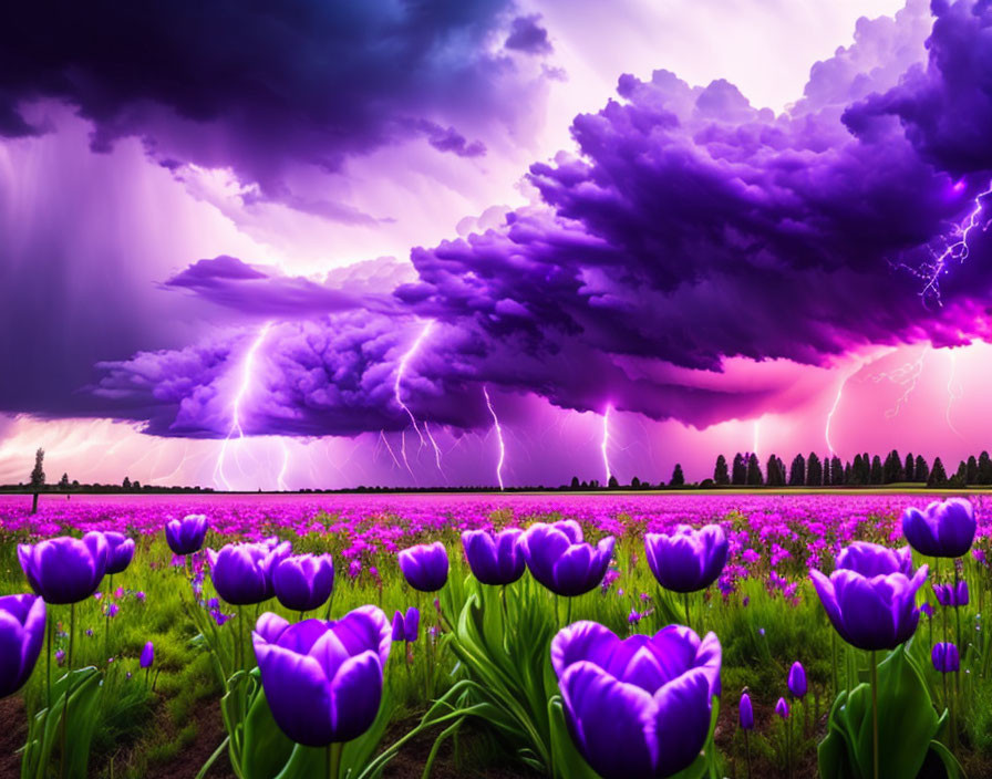 Purple Tulip Field Under Stormy Sky with Lightning Strikes