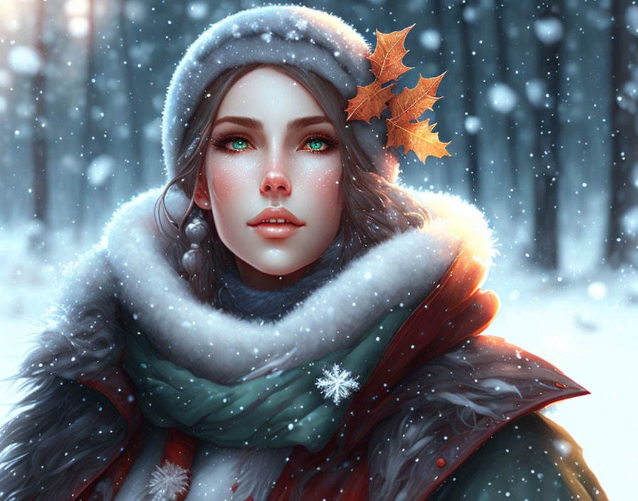 Digital artwork: Young woman in winter attire with green eyes, snowfall backdrop, and autumn leaf.