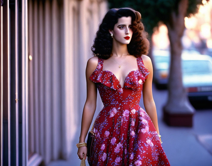 Woman in Vintage Red Polka Dot Dress Walking on Dusk Street