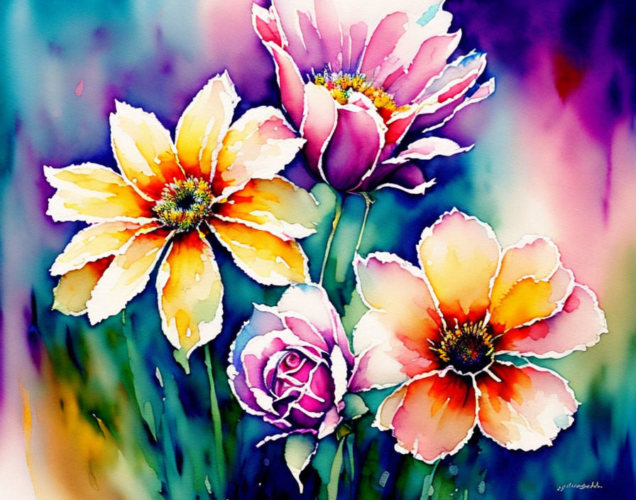 Colorful Watercolor Painting of Flowers with Purple and Blue Backgrounds