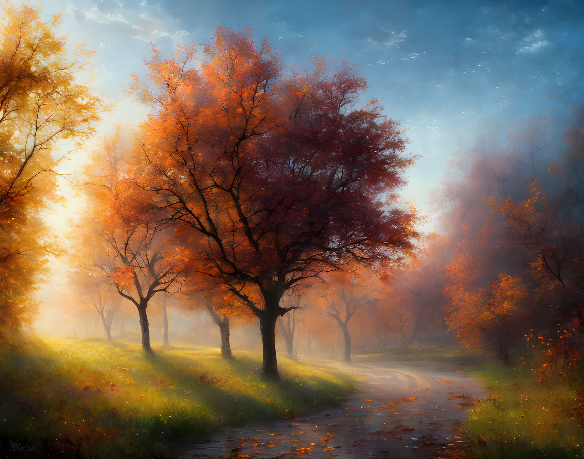 Tranquil autumn landscape with winding path and vibrant orange trees