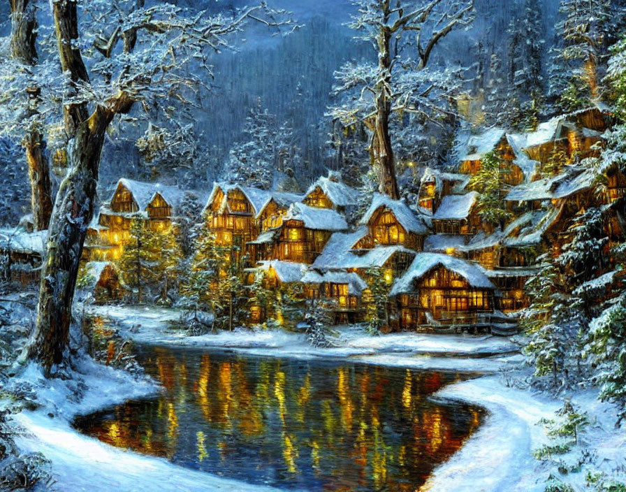 Winter Village Scene: Snow-covered Houses and River Reflection