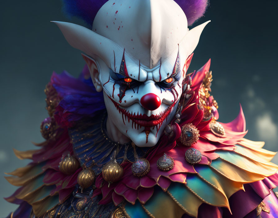 Sinister clown with white makeup and sharp teeth