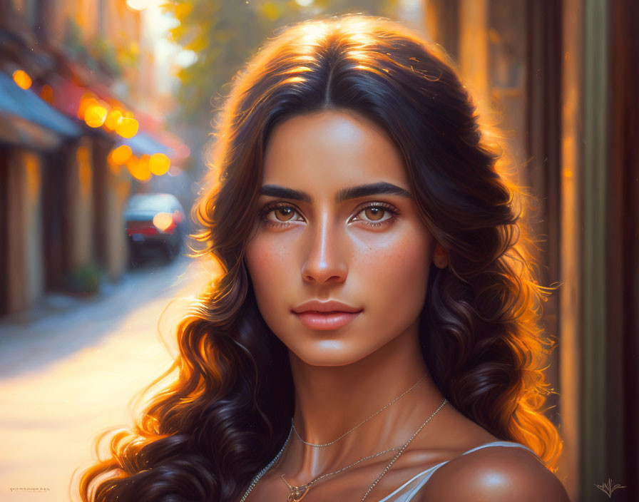 Young woman's digital portrait with long wavy hair and intense eyes against blurred street background