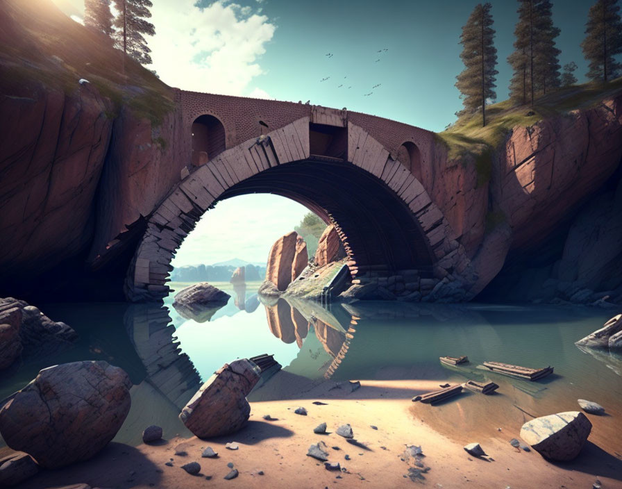 Stone bridge over tranquil waters in rocky canyon with reflections and birds.