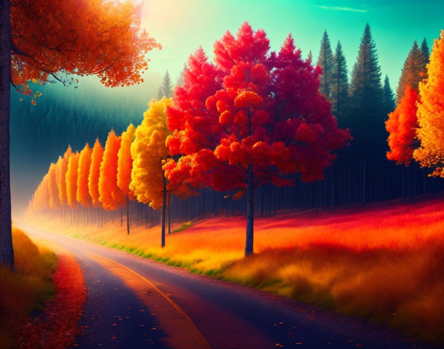 Scenic autumn forest road with colorful fall foliage