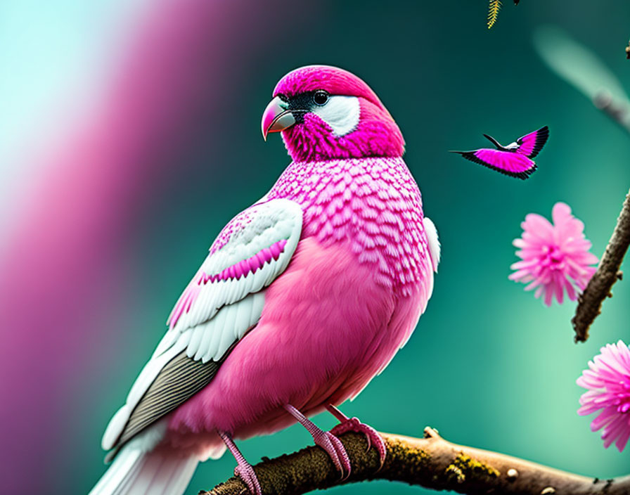 Colorful pink bird on branch with flowers and hummingbird against turquoise background