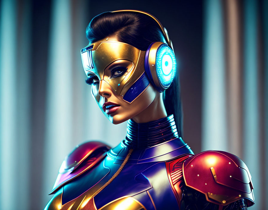 Female cyborg illustration with futuristic helmet and armor in vibrant colors