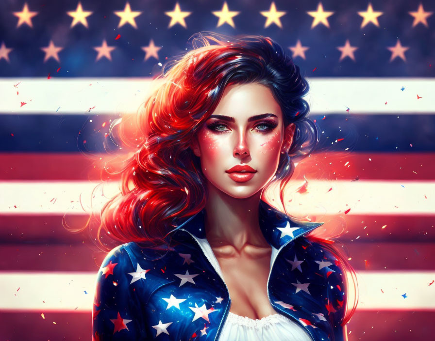 Digital artwork of woman with wavy red/blue hair in patriotic jacket. US flag & sparkling stars background