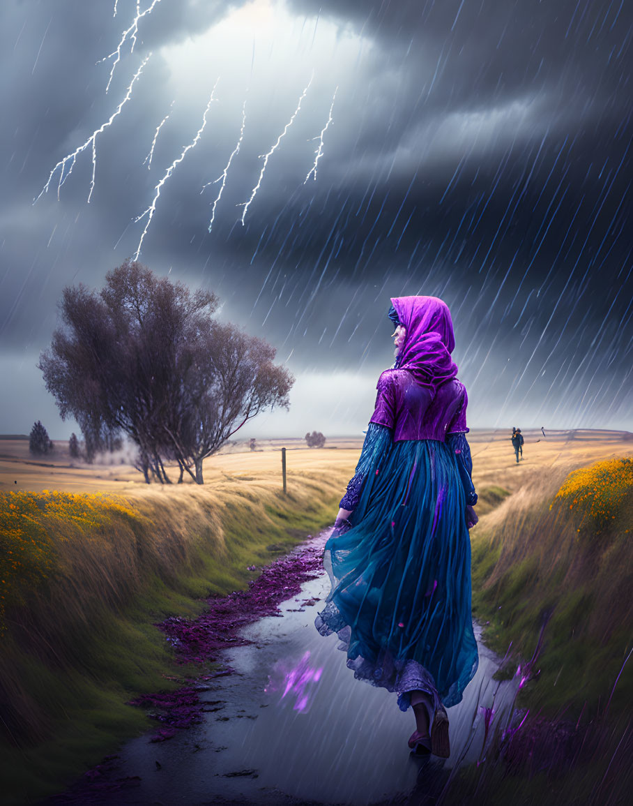 Woman in blue dress walking on rural path during storm with lightning.