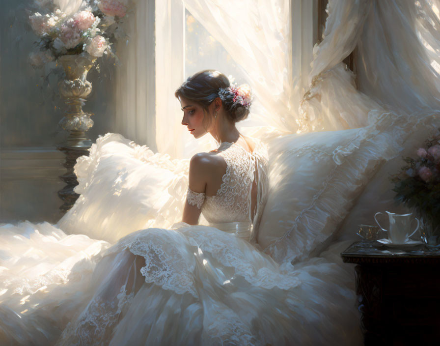 Serene bride in lace gown by window with bouquet and tea cup