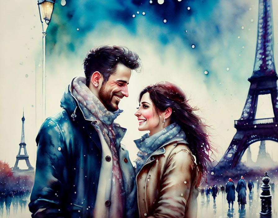 Affectionate couple in winter attire near Eiffel Tower in snowfall