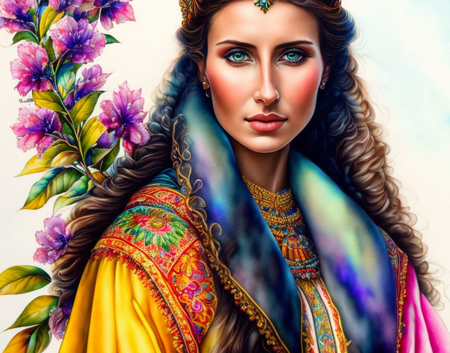 Colorful Portrait of Woman with Wavy Hair and Ethnic Jewelry