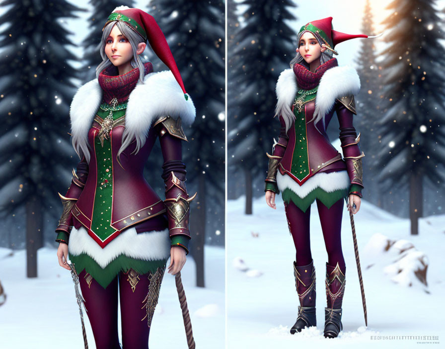 Festive Woman in Red and Green Outfit in Snowy Forest