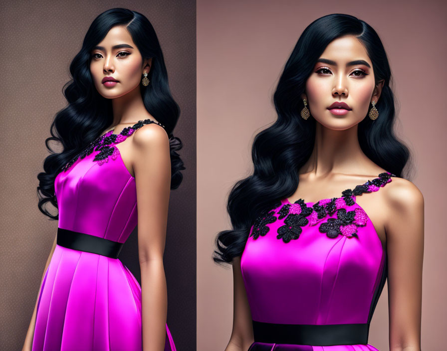 Pink Dress with Floral Embroidery on Woman Against Brown Background