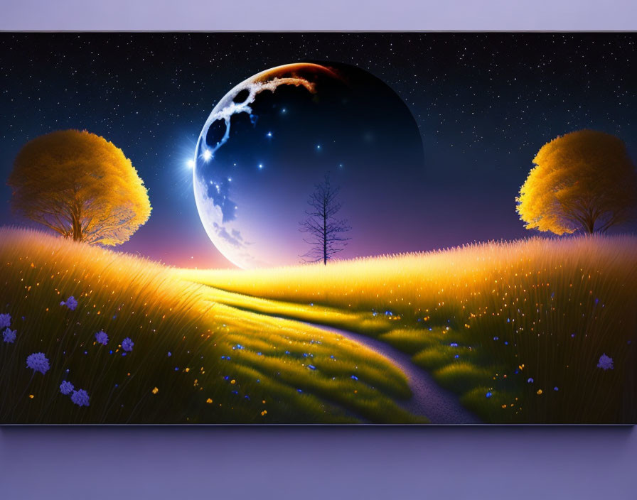 Surreal landscape with moon, glowing flowers, and starry sky