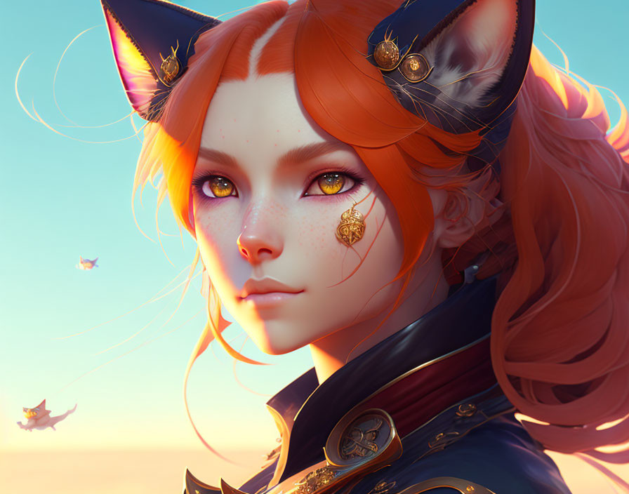 Female character with orange cat ears and purple eyes in digital art