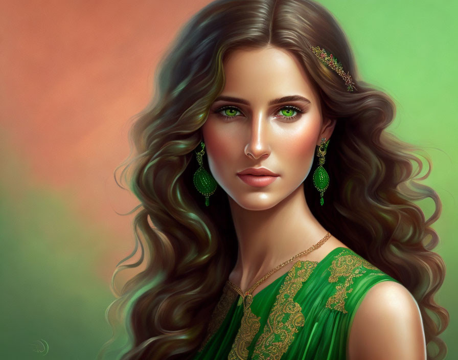 Woman Portrait: Wavy Hair, Green Dress, Matching Earrings