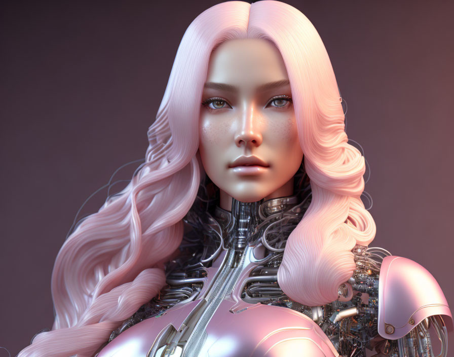 Female Android 3D Illustration: Pink Hair, Silver Armor, Violet Background