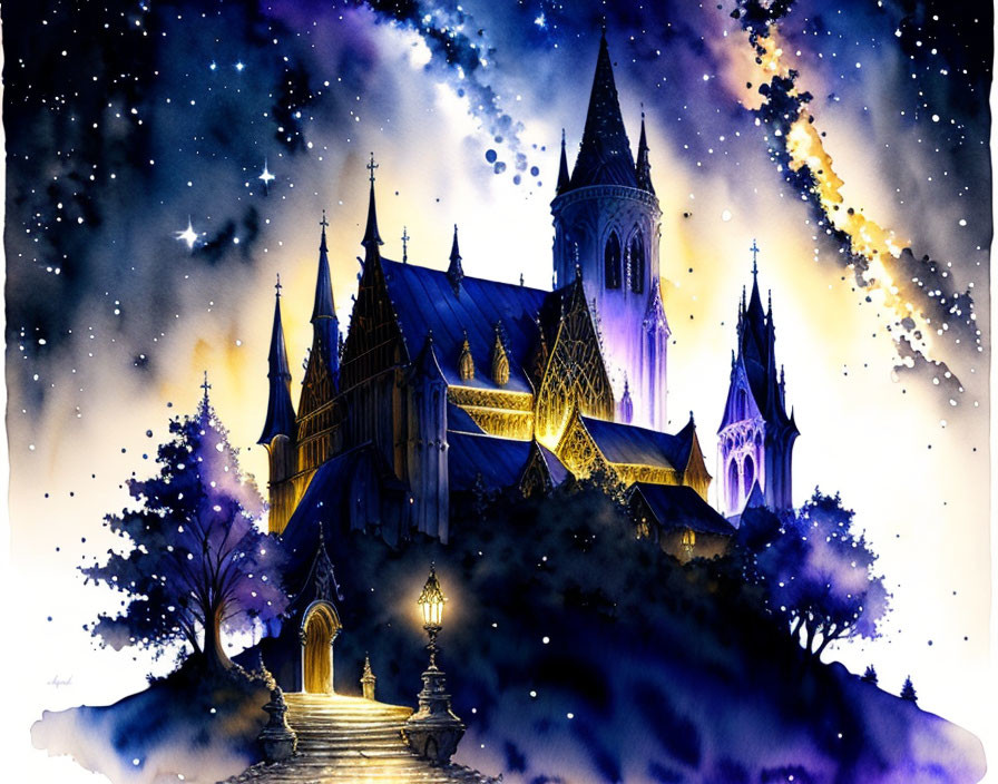 Enchanting castle at night with glowing windows, starry sky, and silhouetted trees