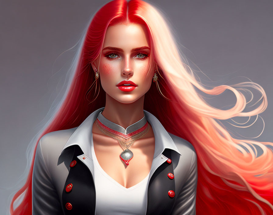 Detailed Illustration of Woman with Red Hair, Blue Eyes, White Shirt, Black & Red Jacket