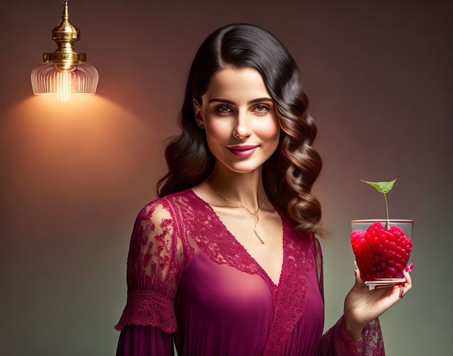 Woman in Purple Lace Dress with Raspberry-Shaped Cocktail Glass