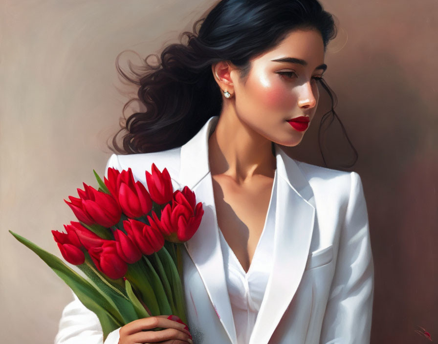 Dark-haired woman in white blazer with red tulip bouquet