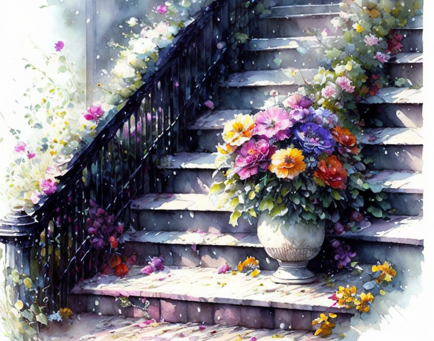 Colorful watercolor painting of staircase with flowers and petals.