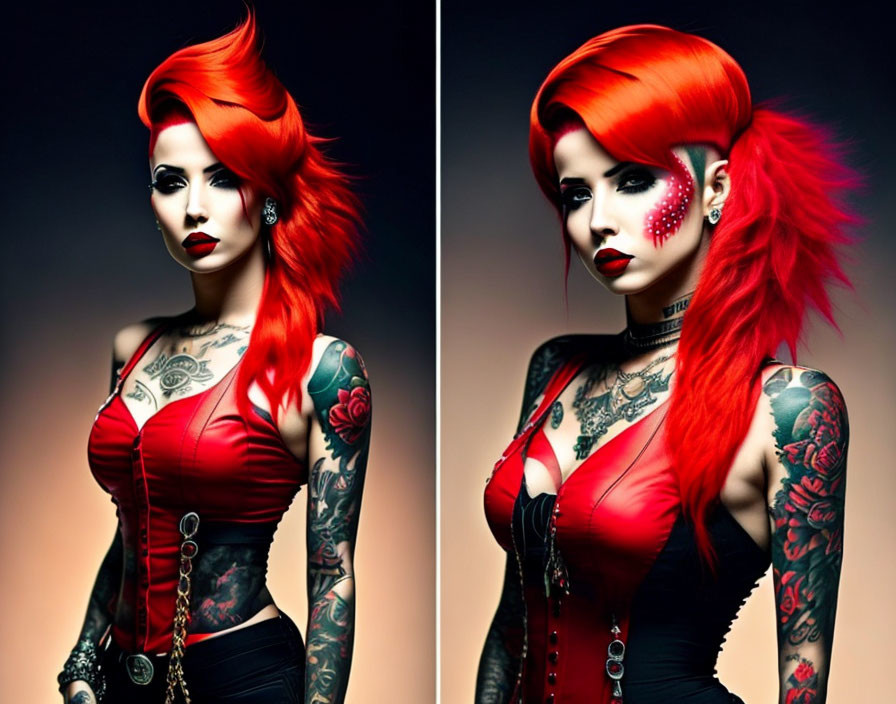 Dual Portraits: Woman with Red Hair, Tattoos, Piercings, and Gothic Corset