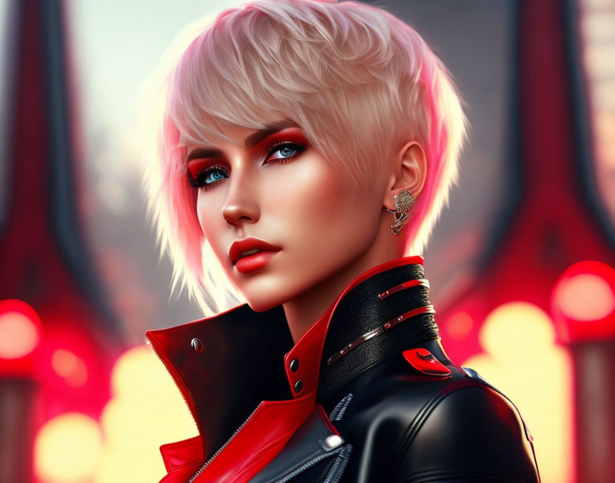 Digital artwork: Woman with short platinum hair, blue eyes, black & red leather jacket, futuristic neon