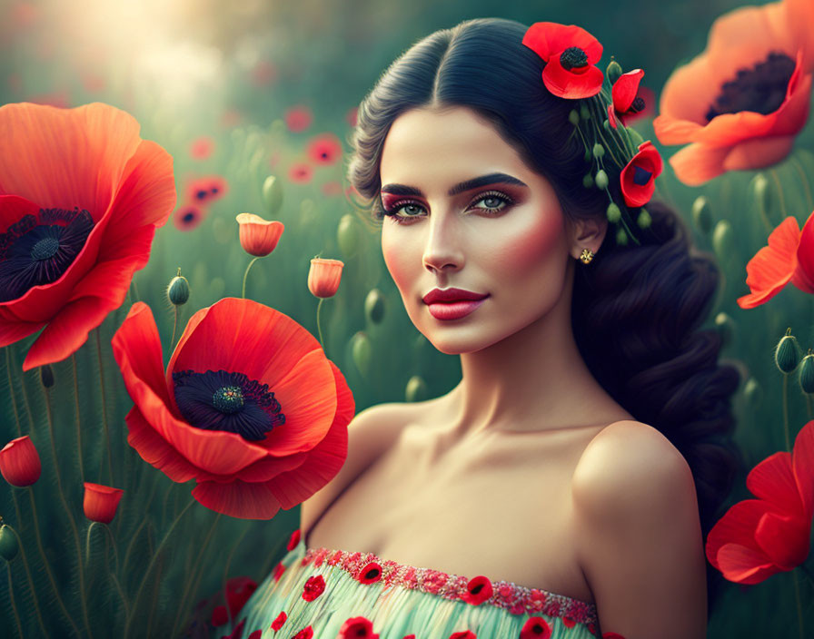 Woman with Blue Eyes and Red Poppies in Vibrant Field