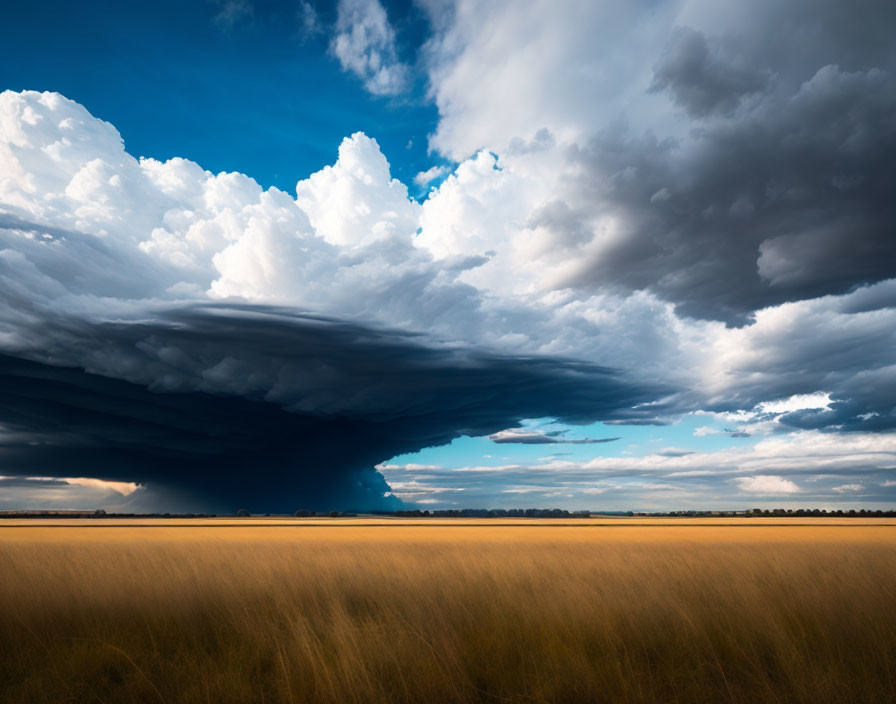 Dramatic contrast in vivid landscape: dark storm cloud against bright skies over golden field