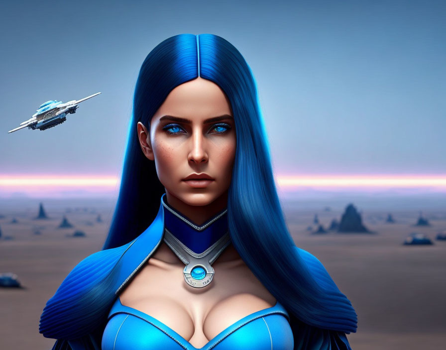 Futuristic digital art: Woman with blue hair, spaceship in desert landscape