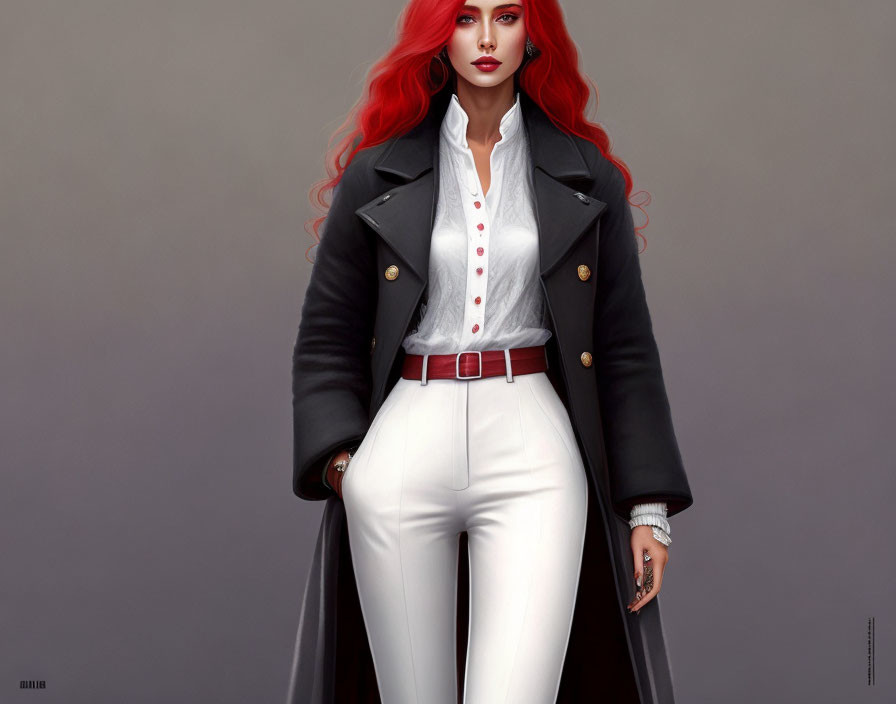 Stylized digital artwork of a woman with vibrant red hair in black coat