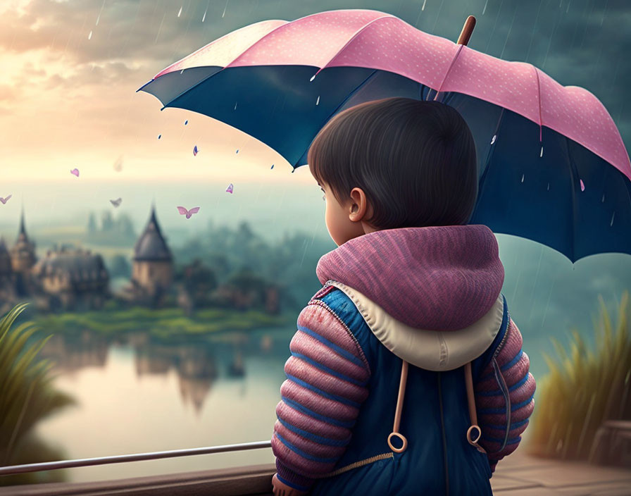 Child with backpack under umbrella views rainy landscape with castle and butterflies