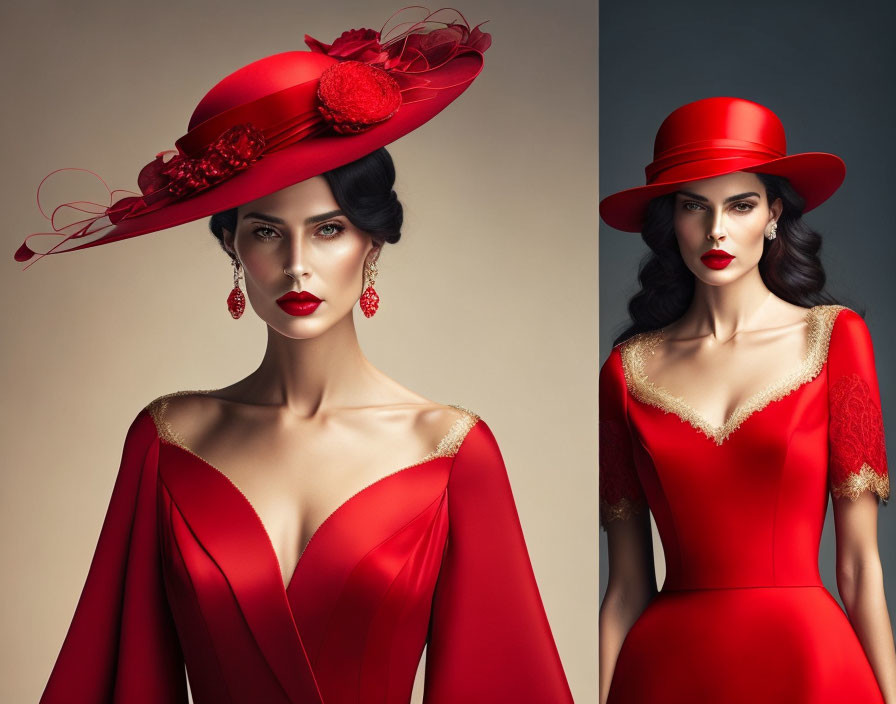 Stylish woman in red dress, hat, and earrings poses confidently