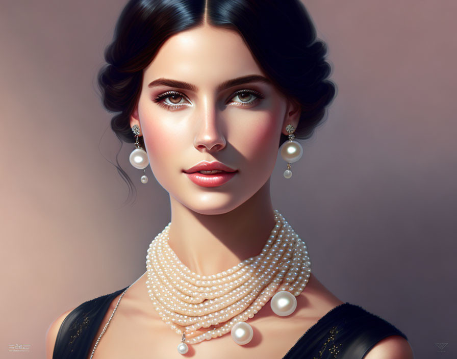 Digital illustration of woman with dark updo, green eyes, pearl earrings, and necklace