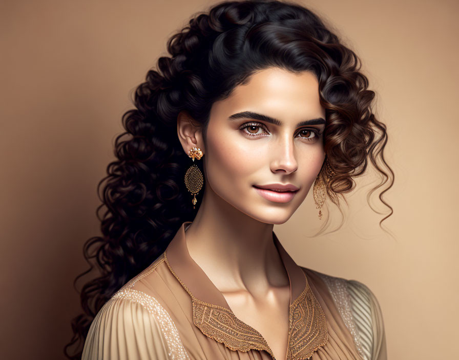 Portrait of woman with voluminous curly hair and gold earrings in beige outfit against warm backdrop