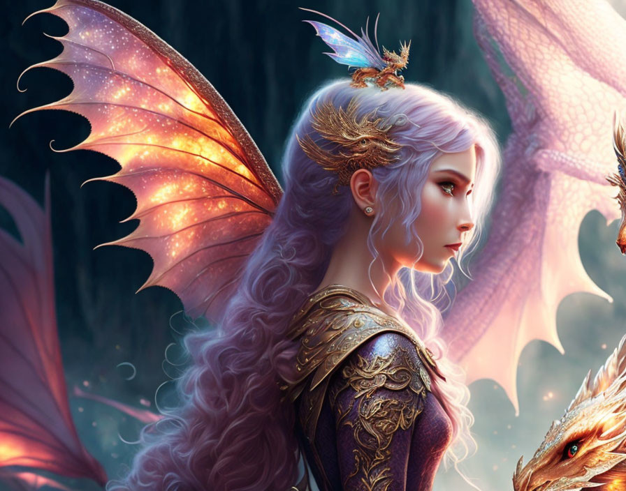 White-haired woman in golden armor with dragon wings in mystical forest.