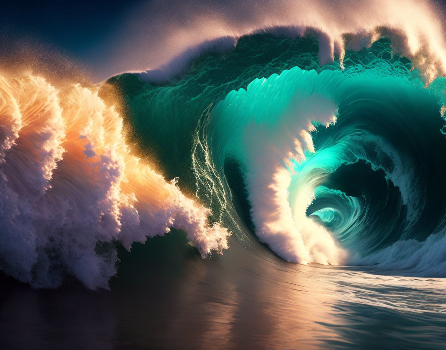 Majestic ocean wave with blue and green hues backlit by golden sunlight