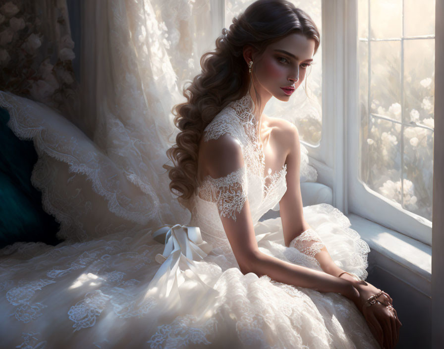 Illustrated woman in lace wedding dress by window with wavy hair and contemplative expression