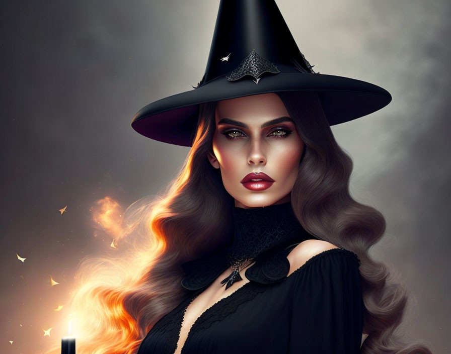 Mysterious woman in witch's hat with flowing hair on dark magical background