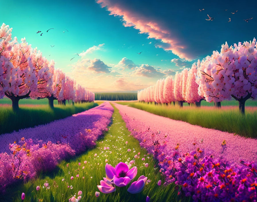 Colorful Landscape with Pink Trees and Dusk Sky